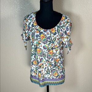 Sam And Jess Scoop Neck Floral Tie-Sleeve Top - White Multi Size LP